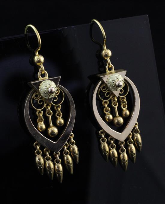 A stylish pair of Victorian style two colour gold drop earrings, overall 2in.